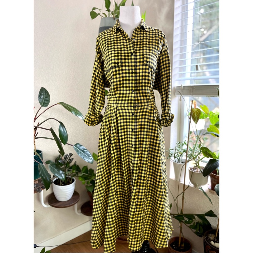 VINTAGE 1980s Black and Yellow Gingham Maxi Button Up Shirt Dress